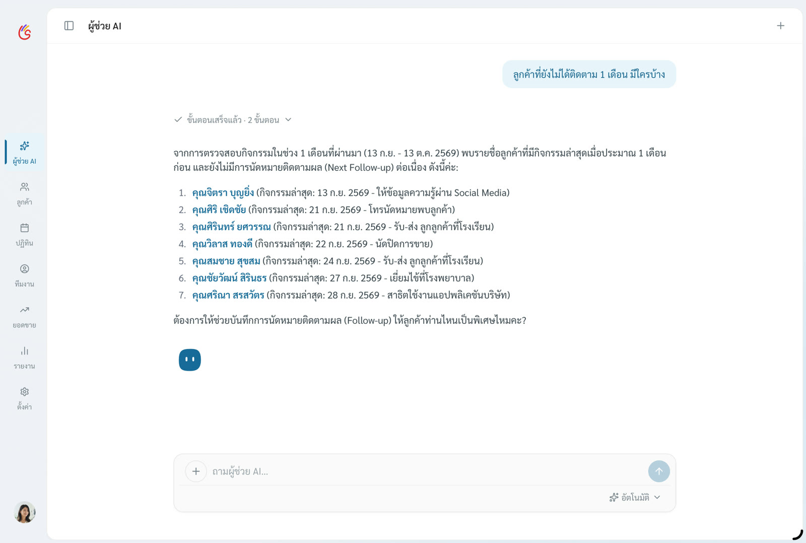 หน้าจอผู้ช่วย AI ในแอป Solid Plan แสดงรายชื่อลูกค้าที่ยังไม่ได้ติดต่อมานานกว่าหนึ่งเดือน เรียงตามวันที่ควรติดตาม