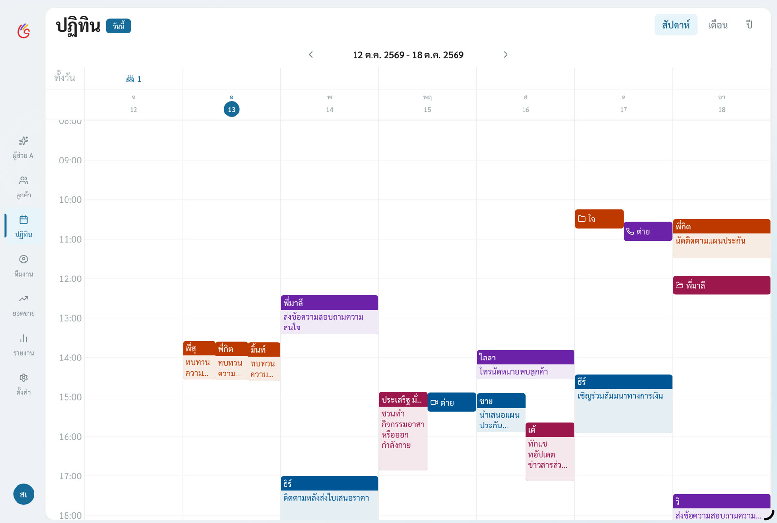 หน้าจอปฏิทินรายสัปดาห์ในแอป Solid Plan แสดงนัดหมายและกิจกรรมแยกสีตามขั้นตอนการขาย
