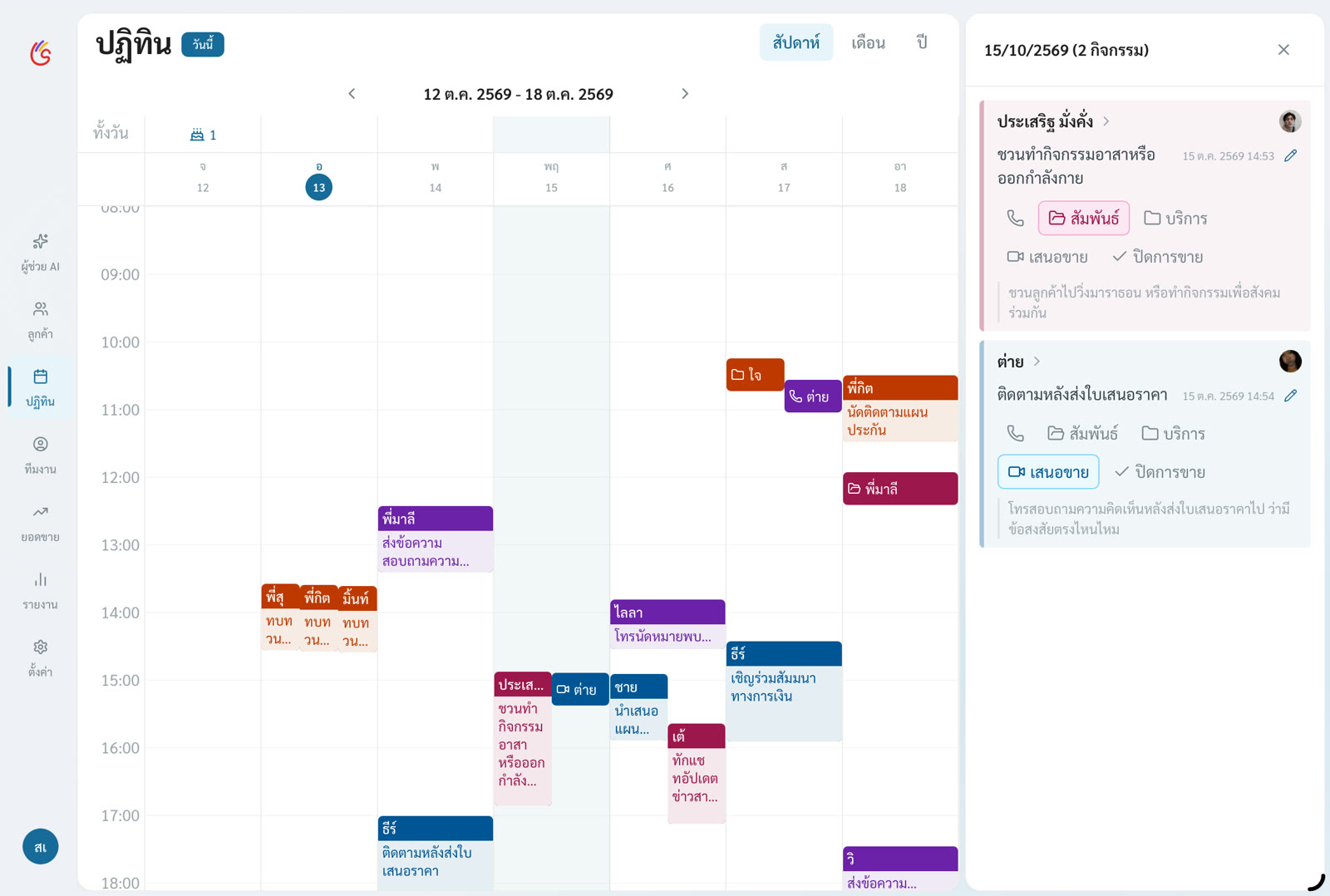 หน้าจอปฏิทินรายสัปดาห์ในแอป Solid Plan แสดงกิจกรรมแยกสีตามขั้นตอนการขาย และแผงด้านข้างแสดงรายละเอียดกิจกรรมของวันที่เลือก