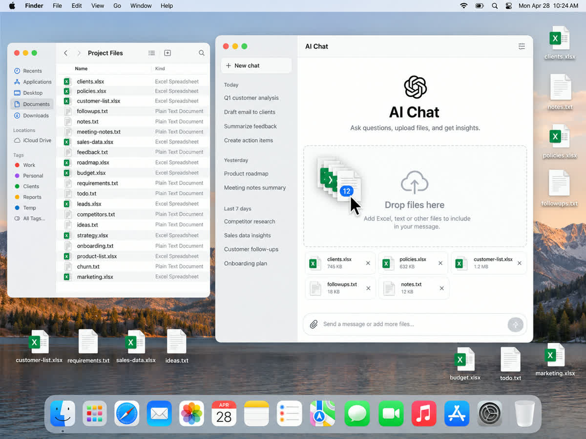 หน้าจอ Mac ที่กำลังลากไฟล์ Excel และ TXT จำนวนมากเข้าแชต AI ด้วยข้อมูลสมมติ