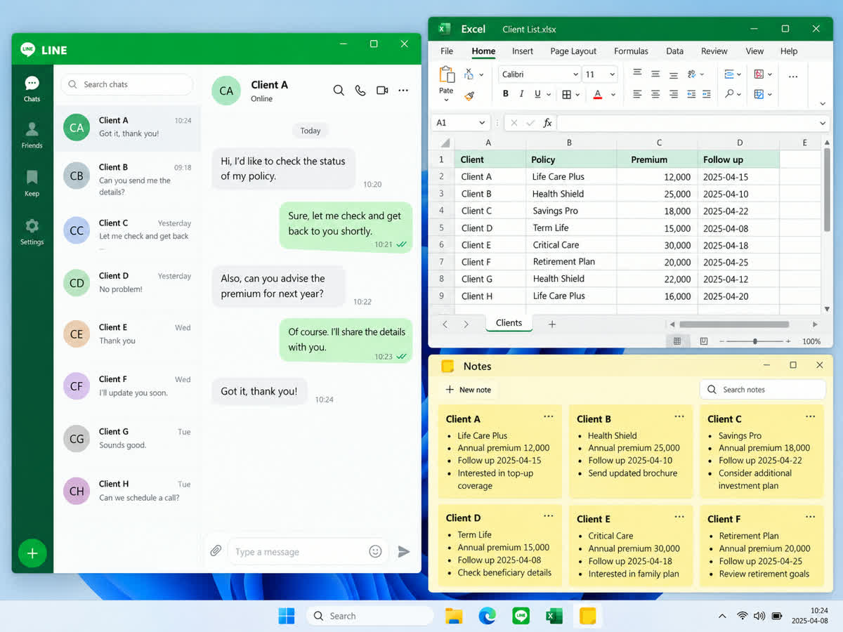 หน้าจอ Windows ที่ข้อมูลลูกค้ากระจายอยู่ใน LINE, Excel และ Notes ด้วยข้อมูลสมมติ